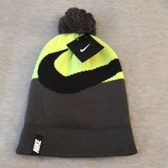 NIKE Big Kid's Volt Yellow Black Swoosh Pom Pom Knit Beanie NWT - Picture 9 of 15